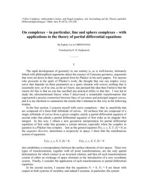 In Particular, Line and Sphere Complexes – with Applications to the Theory of Partial Differential Equations