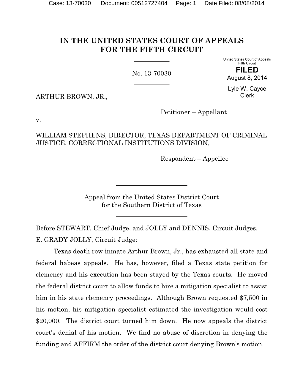 IN the UNITED STATES COURT of APPEALS for the FIFTH CIRCUIT United States Court of Appeals Fifth Circuit No