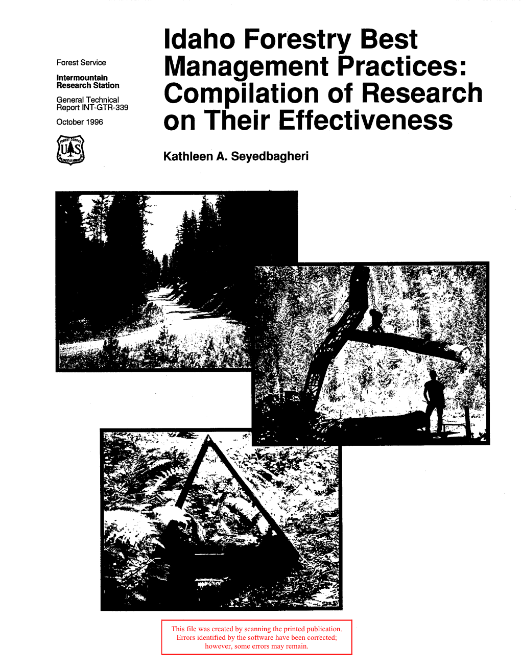 Ldaho Forestry Best Management Practices: Compilation of Research on Their Effectiveness