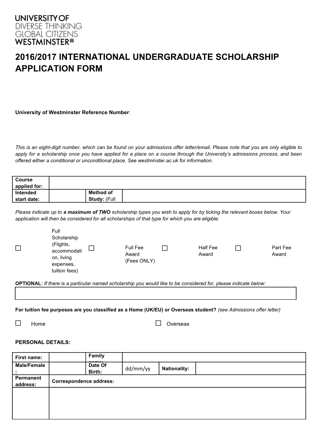 2016/2017 International Undergraduate Scholarship Application Form