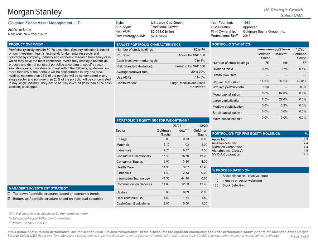 US Strategic Growth Select UMA Goldman Sachs Asset Management, L.P