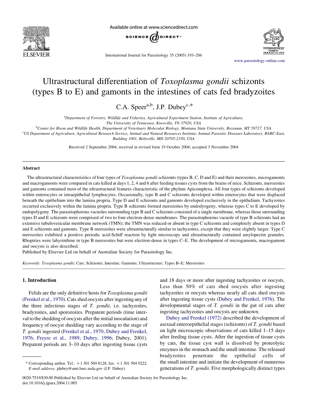 Ultrastructural Differentiation of Toxoplasma Gondii Schizonts (Types B to E) and Gamonts in the Intestines of Cats Fed Bradyzoites