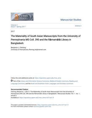 Manuscript Studies the Materiality of South Asian Manuscripts from The