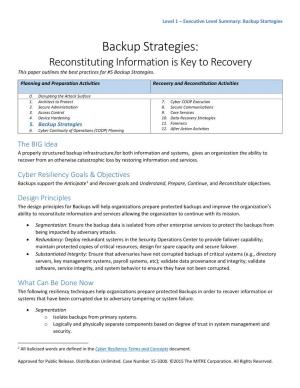 Backup Strategies: Reconstituting Information Is Key to Recovery This Paper Outlines the Best Practices for #5 Backup Strategies