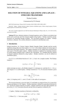 SOLUTION of INTEGRAL EQUATIONS and LAPLACE - STIELTJES TRANSFORM Deshna Loonker