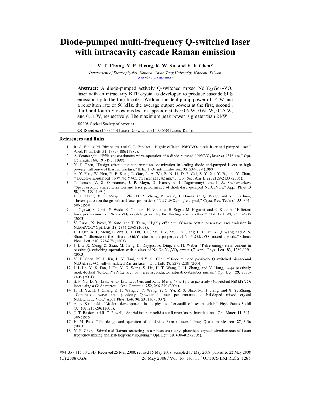 Diode-Pumped Multi-Frequency Q-Switched Laser with Intracavity Cascade Raman Emission