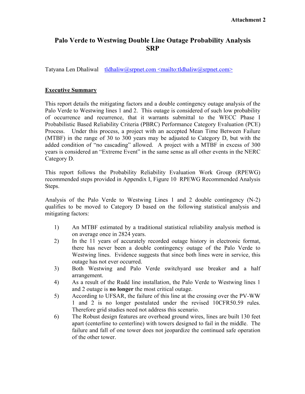 Palo Verde to Westwing Double Line Outage Probability Analysis SRP