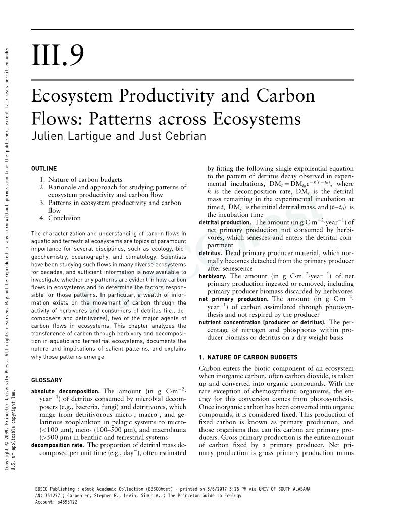 III.9 Ecosystem Productivity and Carbon Flows: Patterns Across Ecosystems Julien Lartigue and Just Cebrian