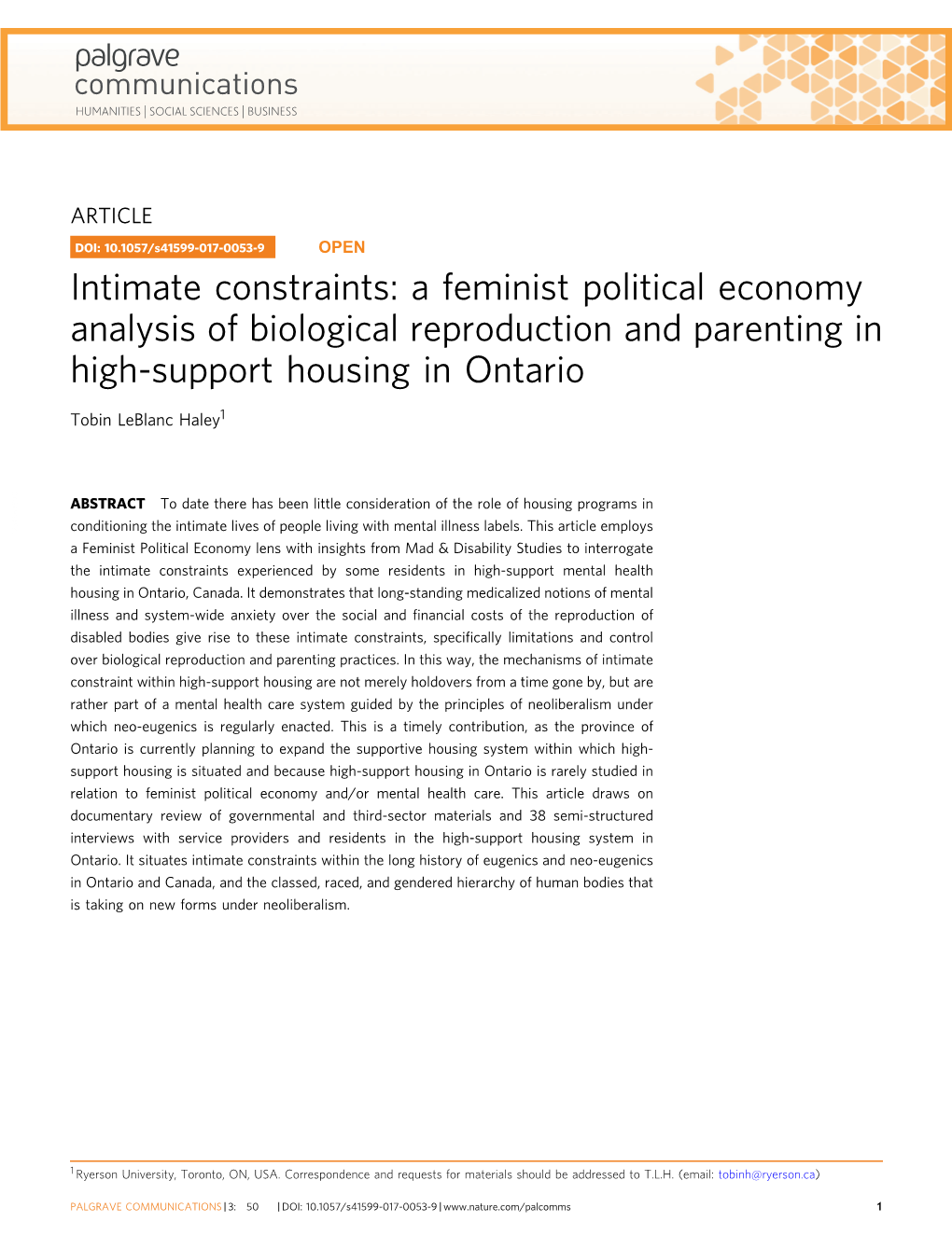 A Feminist Political Economy Analysis of Biological Reproduction and Parenting in High-Support Housing in Ontario