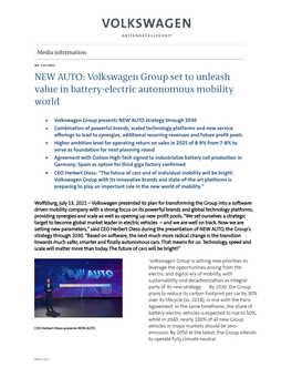 NEW AUTO: Volkswagen Group Set to Unleash Value in Battery-Electric Autonomous Mobility World