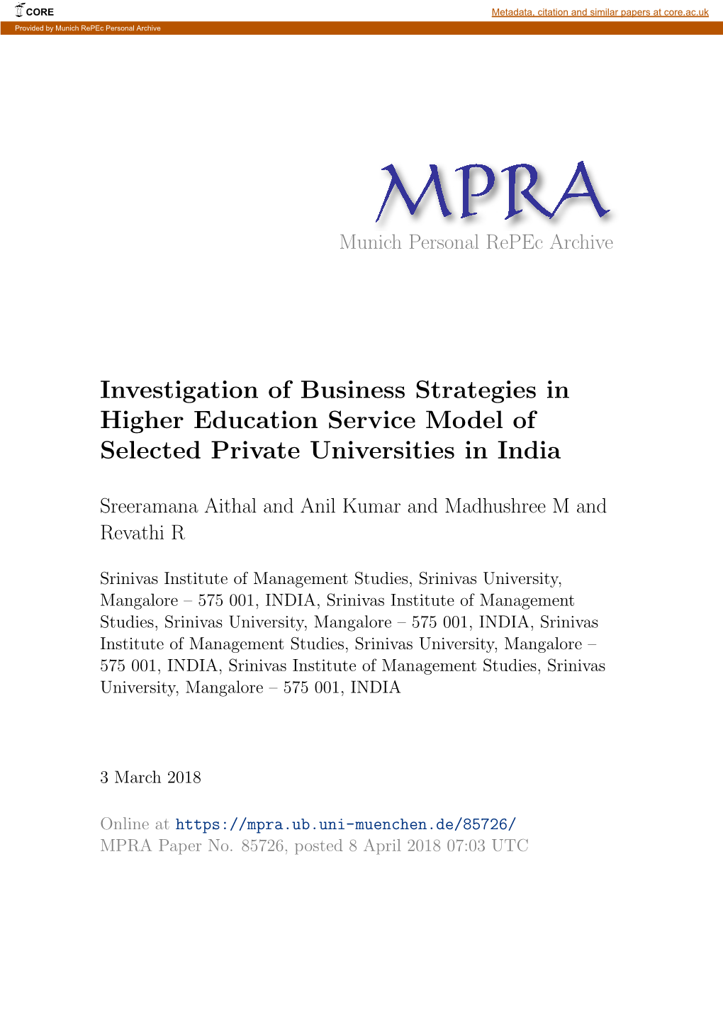 Investigation of Business Strategies in Higher Education Service Model of Selected Private Universities in India