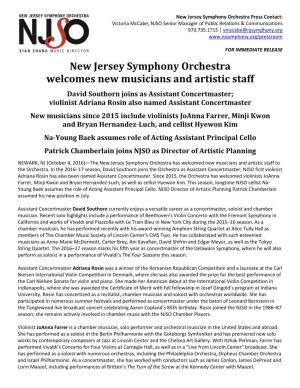 New Jersey Symphony Orchestra Welcomes New Musicians and Artistic Staff