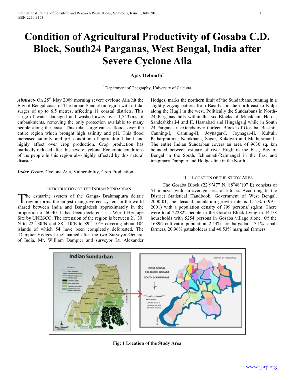 Condition of Agricultural Productivity of Gosaba C.D. Block, South24 Parganas, West Bengal, India After Severe Cyclone Aila