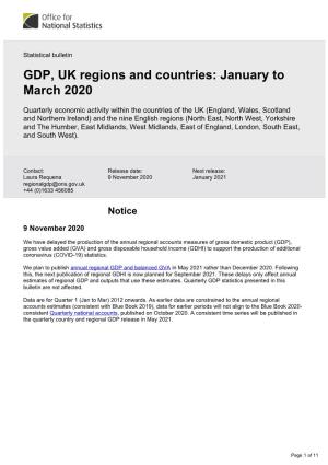 GDP, UK Regions and Countries: January to March 2020