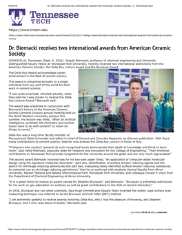 Dr. Biernacki Receives Two International Awards from American Ceramic Society -:|:- Tennessee Tech