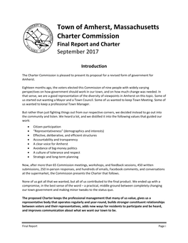 Town of Amherst, Massachusetts Charter Commission Final Report and Charter September 2017