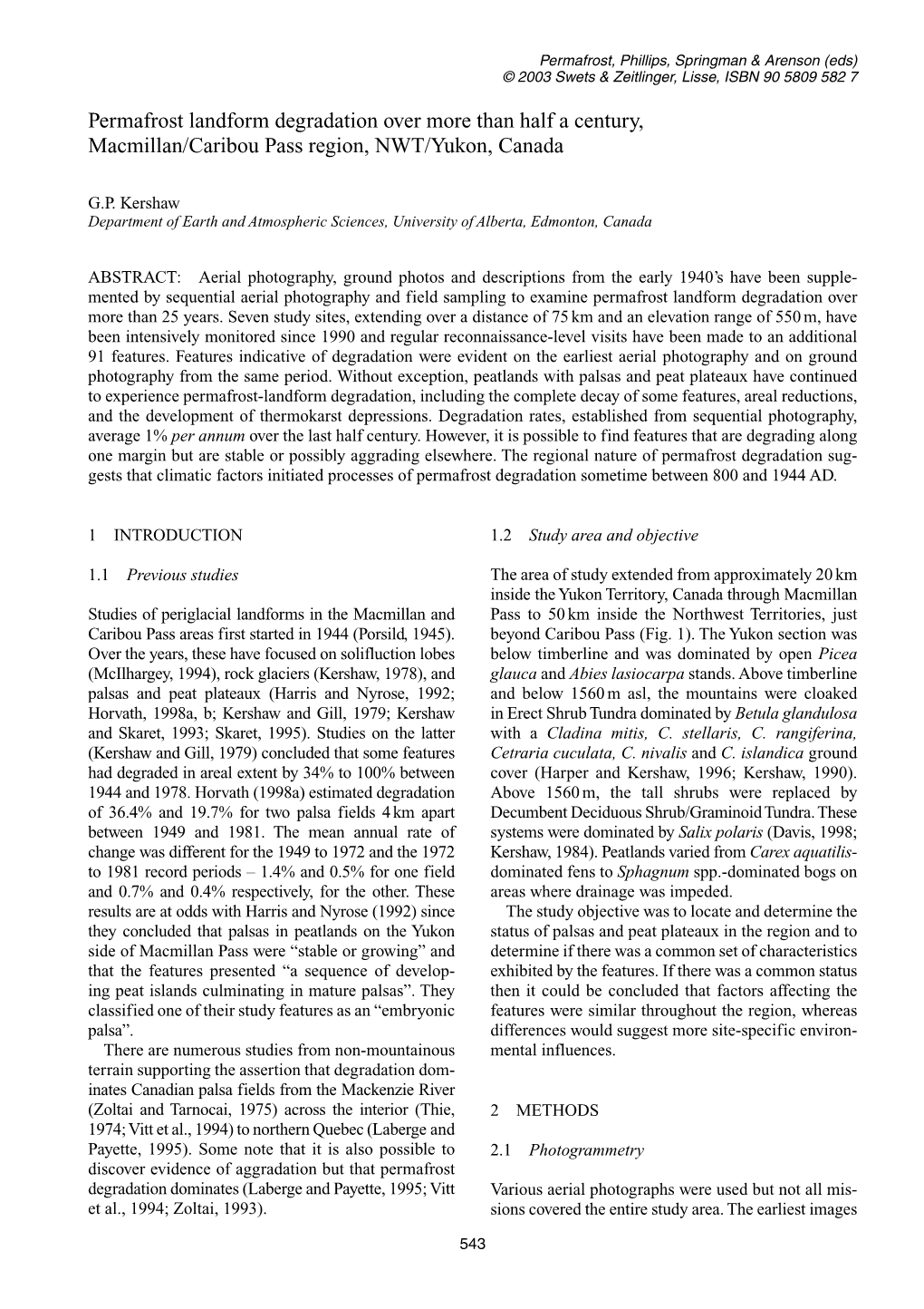 Permafrost Landform Degradation Over More Than Half a Century, Macmillan/Caribou Pass Region, NWT/Yukon, Canada