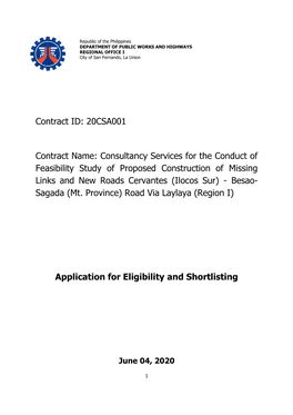 20CSA001 Contract Name: Consultancy Services for the Conduct of Feasibility Study of Proposed Construction of Missi