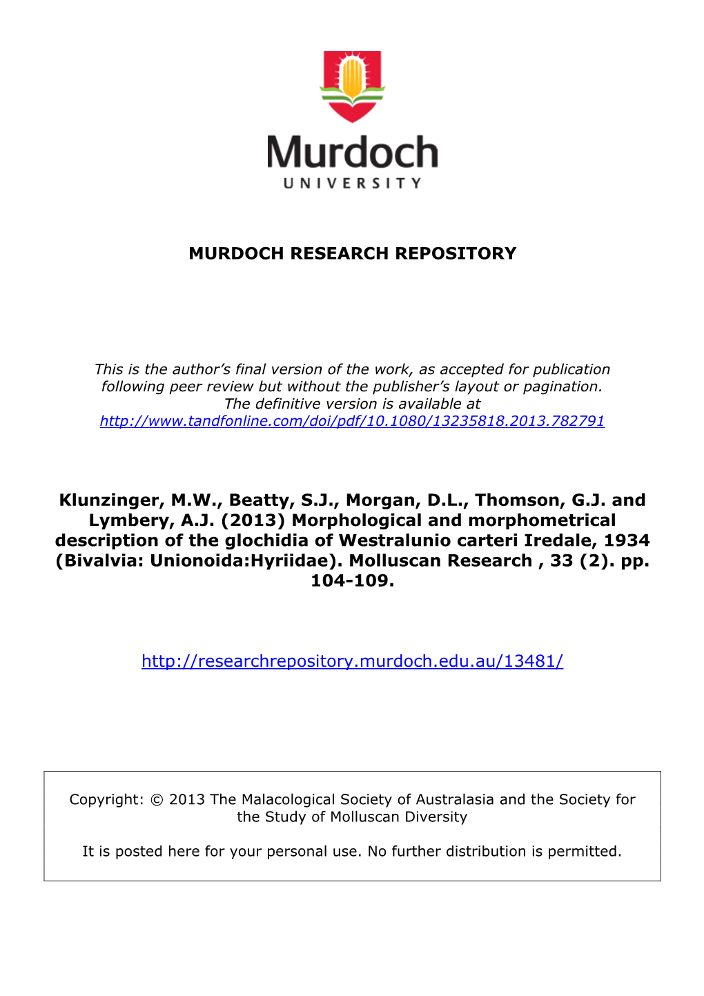 Morphological and Morphometrical Description of the Glochidia of Westralunio Carteri Iredale, 1934 (Bivalvia: Unionoida:Hyriidae)