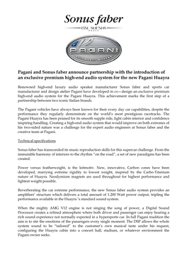 Pagani and Sonus Faber Press Release