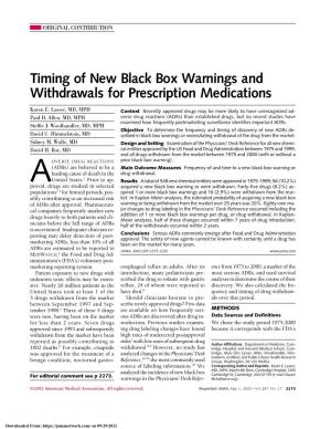 Timing of New Black Box Warnings and Withdrawals for Prescription Medications