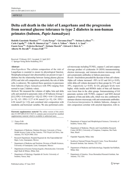 Delta Cell Death in the Islet of Langerhans and the Progression from Normal Glucose Tolerance to Type 2 Diabetes in Non-Human Primates (Baboon, Papio Hamadryas)