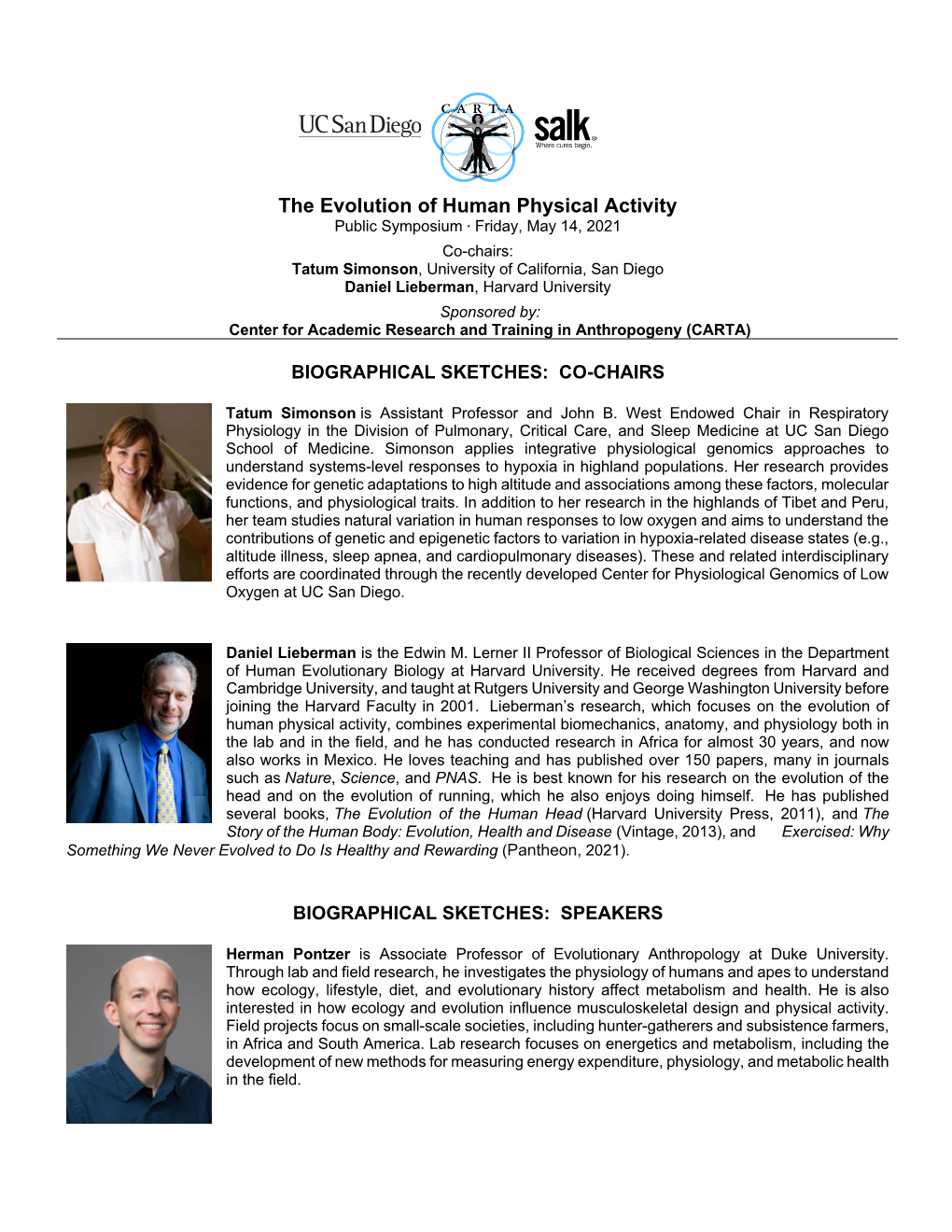 The Evolution of Human Physical Activity Public Symposium ∙ Friday, May 14, 2021