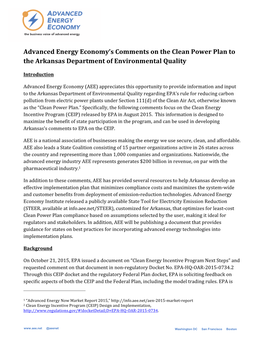 Advanced Energy Economy's Comments on the Clean Power Plan to the Arkansas Department of Environmental Quality