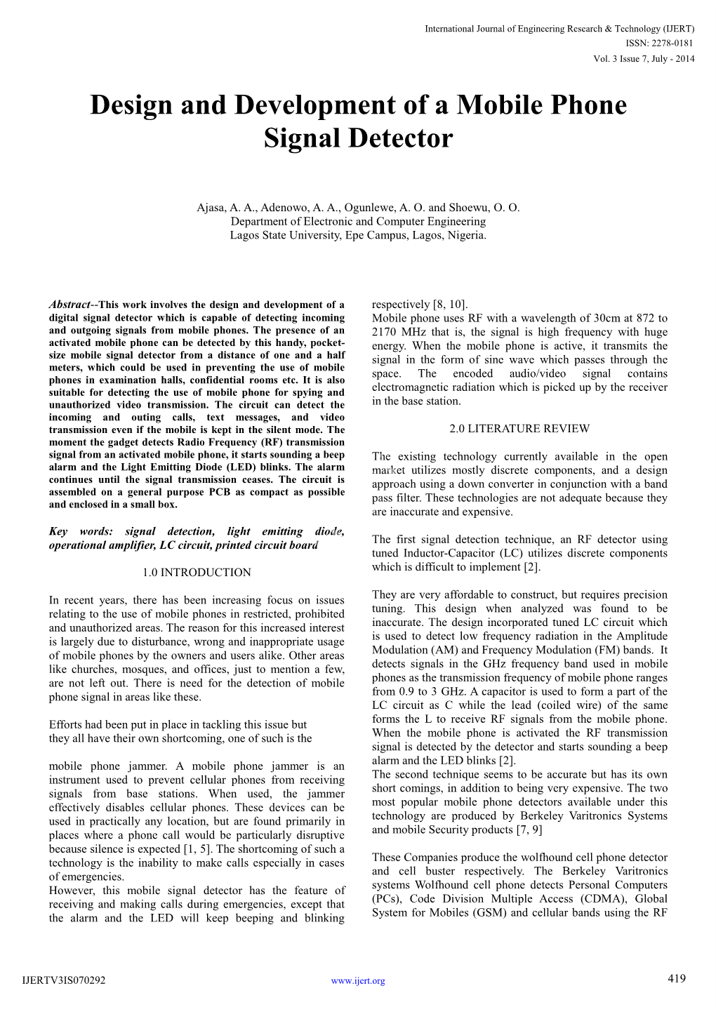 Design and Development of a Mobile Phone Signal Detector