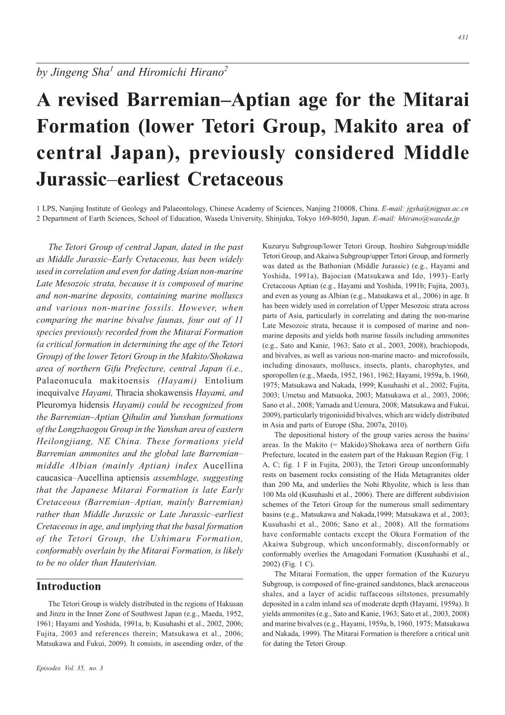 A Revised Barremian–Aptian Age for the Mitarai Formation (Lower Tetori Group, Makito Area of Central Japan), Previously Considered Middle Jurassic–Earliest Cretaceous