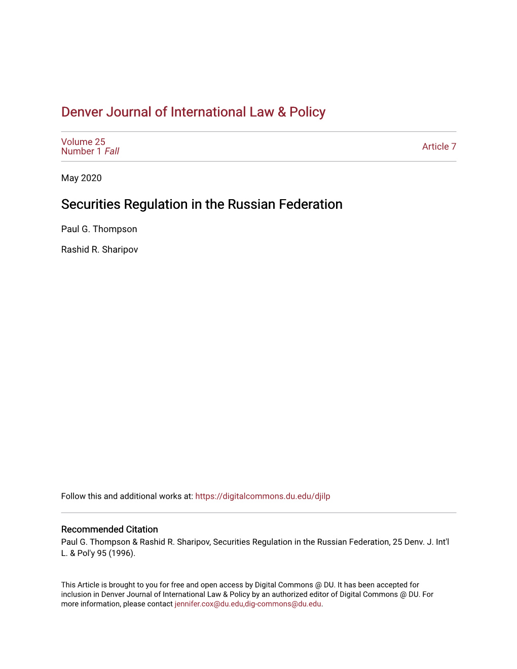 Securities Regulation in the Russian Federation
