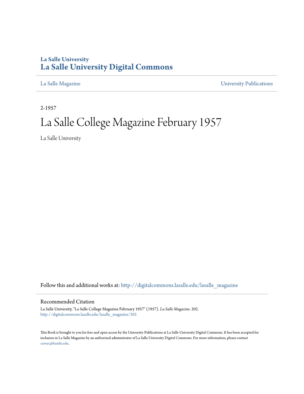 La Salle College Magazine February 1957 La Salle University