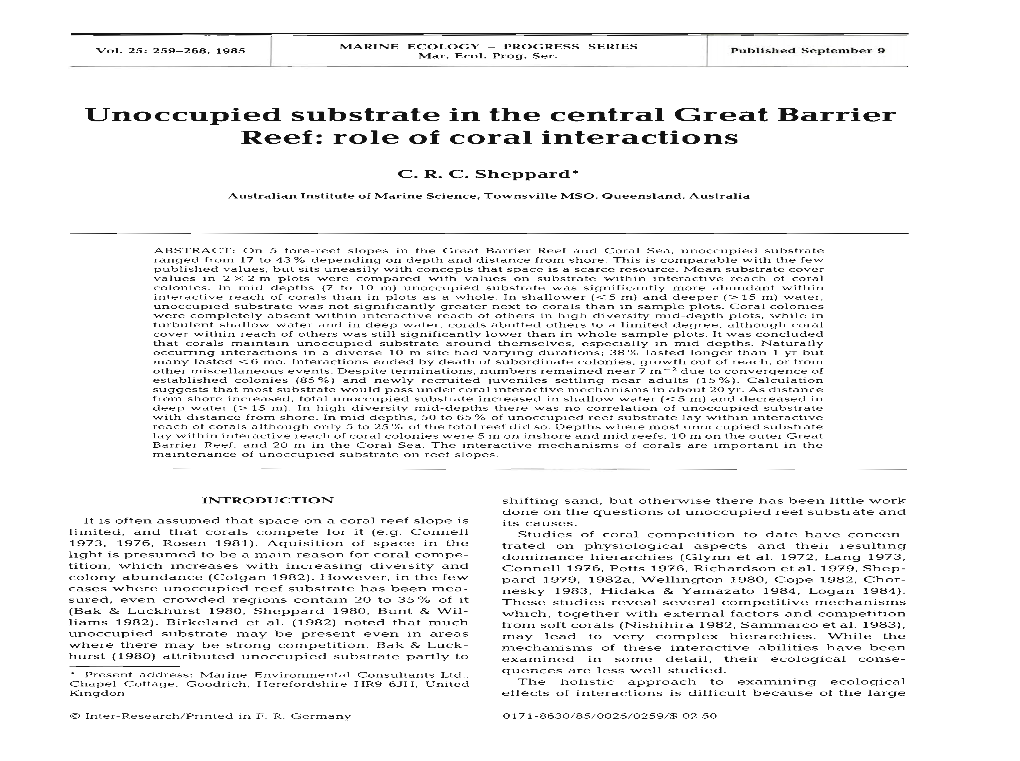 Unoccupied Substrate in the Central Great Barrier Reef: Role of Coral Interactions