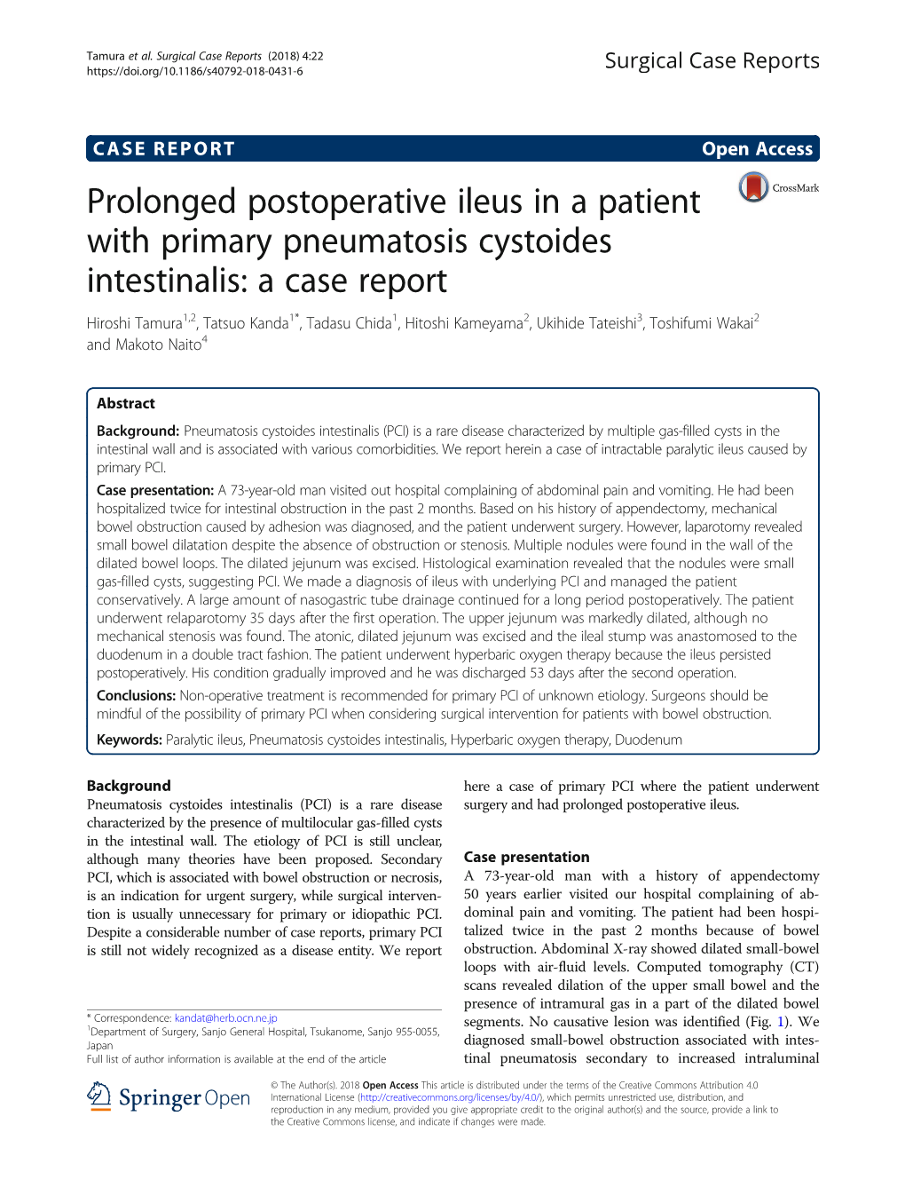 Prolonged Postoperative Ileus in a Patient with Primary Pneumatosis