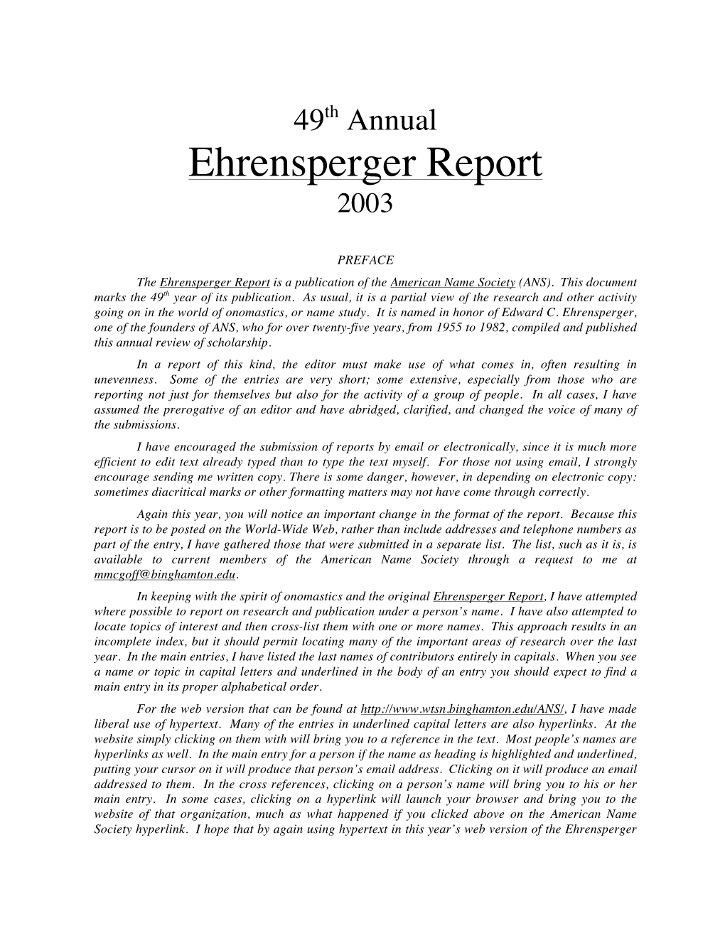 Ehrensperger Report 2003