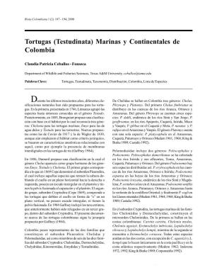 Tortugas (Testudinata) Marinas Y Continentales De Colombia