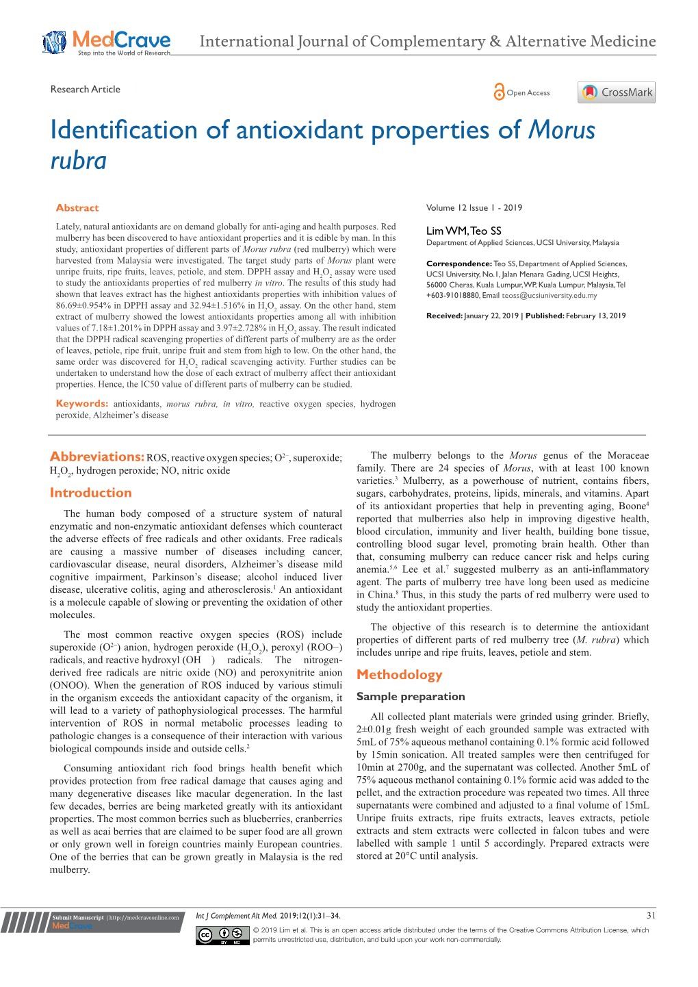 Identification of Antioxidant Properties of Morus Rubra ©2019 Lim Et Al