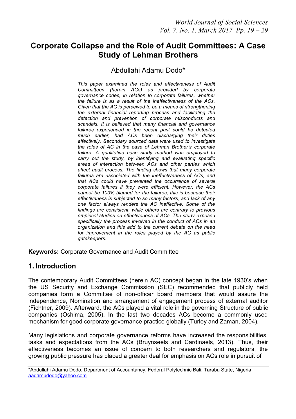 Corporate Collapse and the Role of Audit Committees: a Case Study of Lehman Brothers