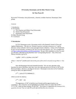 Pi Formulas, Ramanujan, and the Baby Monster Group By