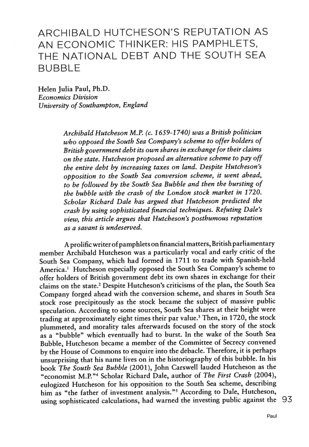 Archibald Hutcheson's Reputation As an Economic