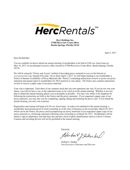 Herc Holdings Inc. 27500 Riverview Center Blvd. Bonita Springs, Florida 34134 April 3, 2017 Dear Stockholder