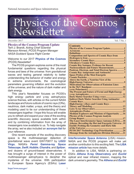 Physics of the Cosmos Newsletter, December 2017, Vol. 7, No. 1