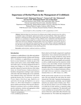 Review Importance of Herbal Plants in the Management of Urolithiasis