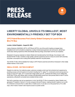 Liberty Global Unveils Its Smallest, Most Environmentally-Friendly Set Top Box