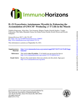 IL-21 Exacerbates Autoimmune Myositis by Enhancing the Accumulation of GM-CSF−Producing Δγ T Cells in the Muscle