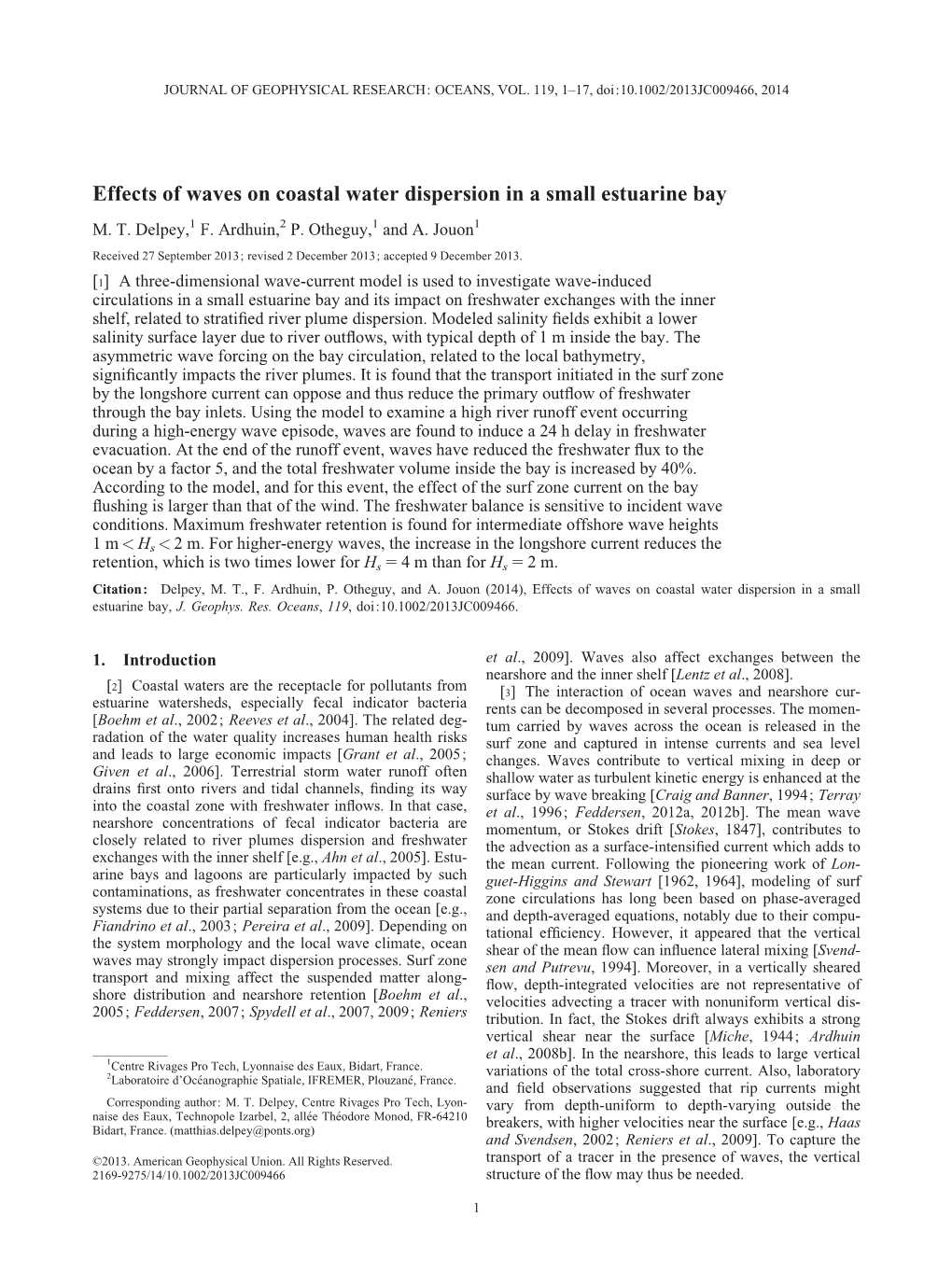 Effects of Waves on Coastal Water Dispersion in a Small Estuarine Bay M