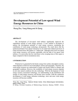 Development Potential of Low-Speed Wind Energy Resources in China