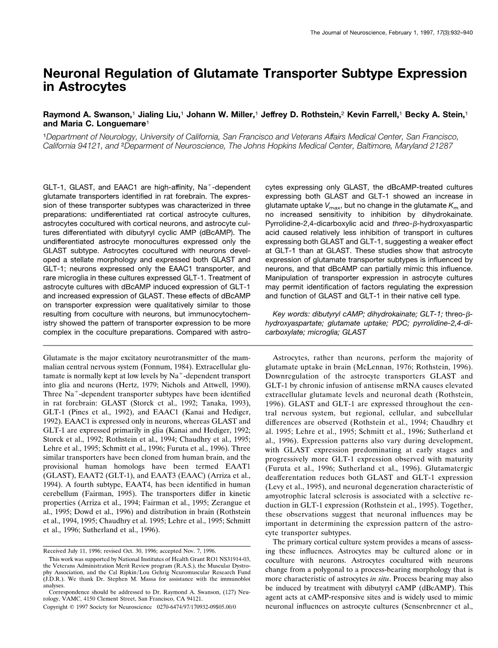 Neuronal Regulation of Glutamate Transporter Subtype Expression in Astrocytes