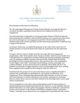 Dear Members of the Board of Education: We, the Undersigned Montgomery County Elected Officials, Encourage the Board to Reevalua