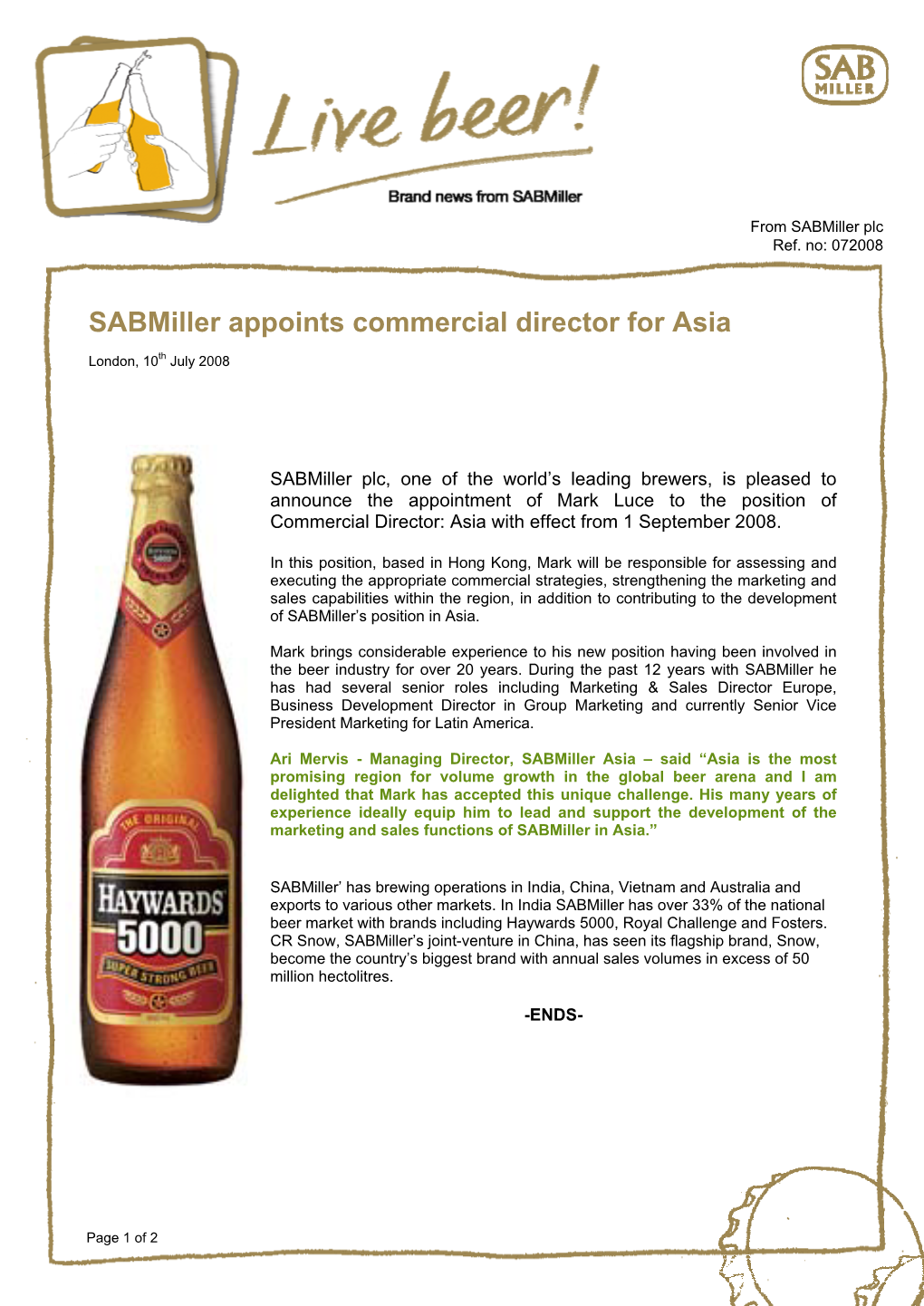 Sabmiller Appoints Commercial Director for Asia